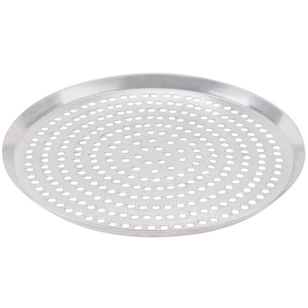 An American Metalcraft 13" Super Perforated Heavy Weight Aluminum Pizza Cutter Pan with holes.