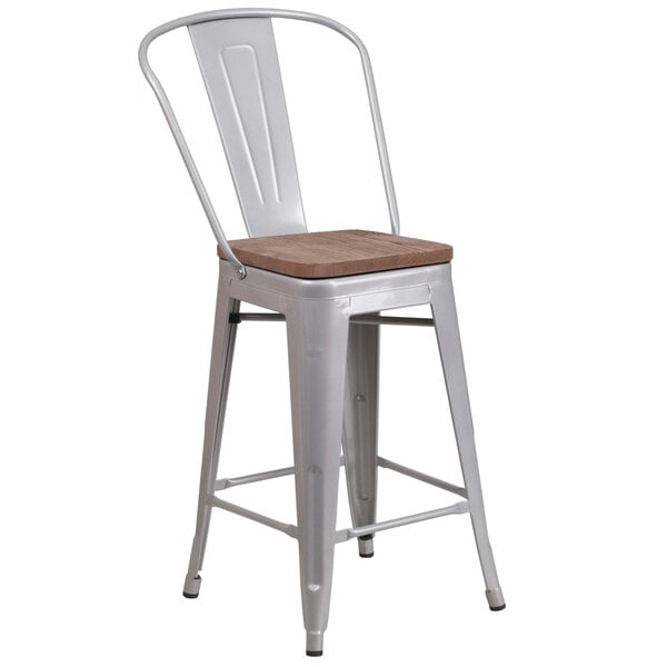 A Flash Furniture silver metal restaurant bar stool with a wooden seat and vertical slat back.