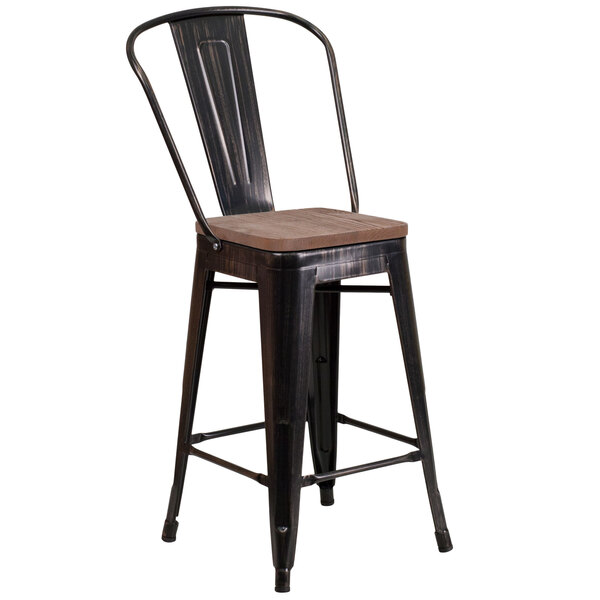 A Flash Furniture black metal counter height stool with a wooden seat.