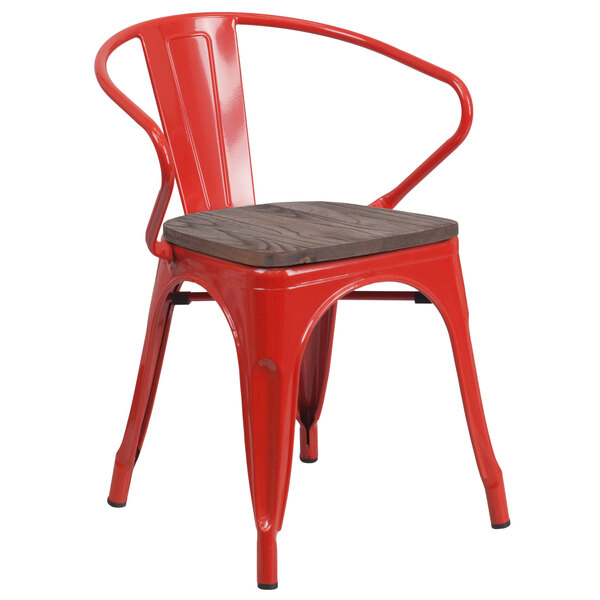 a red chair with a wooden seat