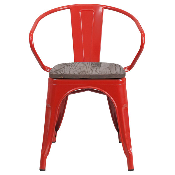 A red metal Flash Furniture restaurant chair with a wood seat and vertical slat back.