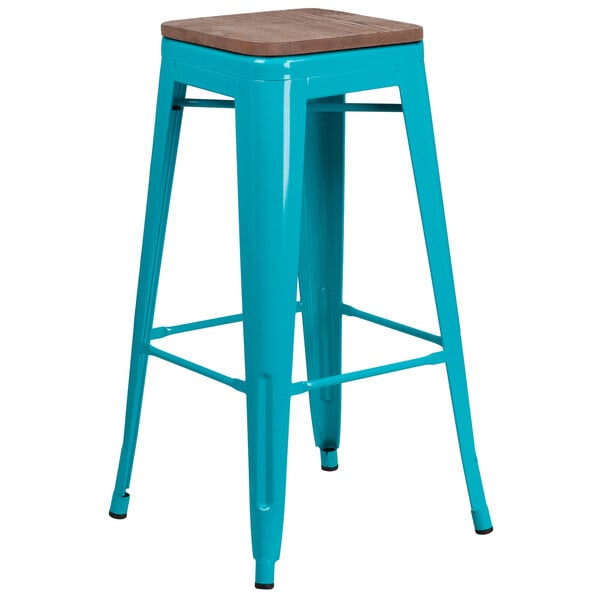 A blue metal Flash Furniture bar stool with a square wood seat.