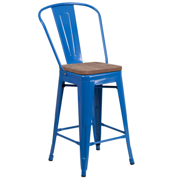 A blue metal counter height stool with a wood seat.