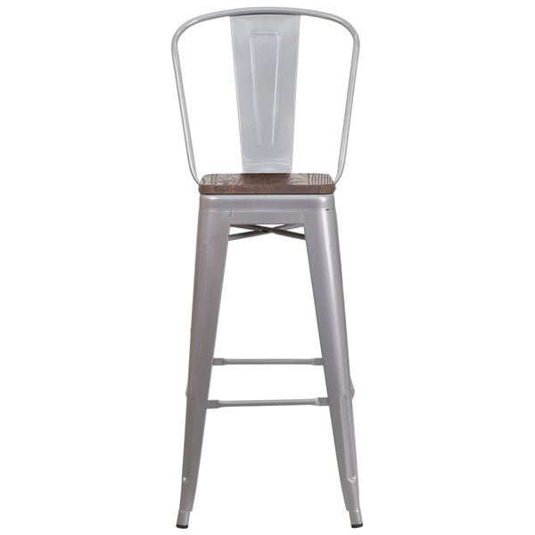 A Flash Furniture silver metal bar stool with a wooden seat and vertical slat back.