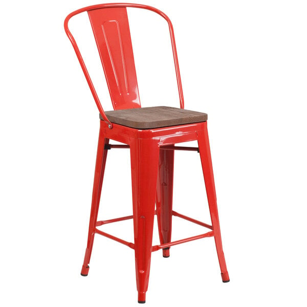 A red metal Flash Furniture counter height stool with a wood seat.