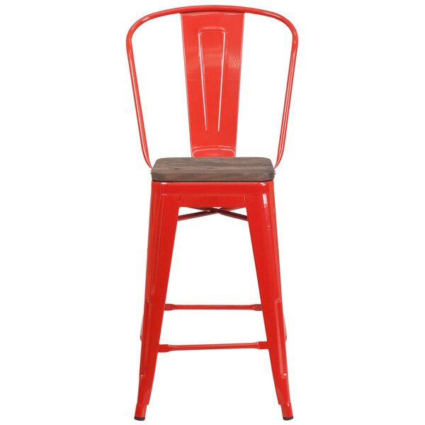 A red metal Flash Furniture restaurant bar stool with a wooden seat and vertical slat back.