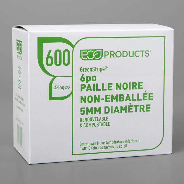 A white box with green text reading "Eco Products" containing black cocktail straws.