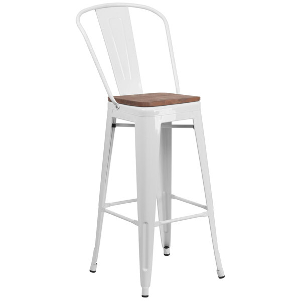 A white Flash Furniture metal bar stool with a wood seat and a vertical slat back.