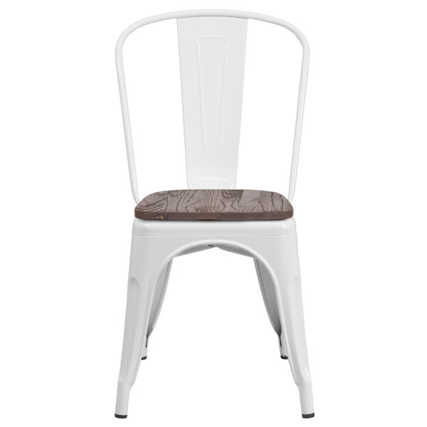 A white metal Flash Furniture restaurant chair with a wood seat and vertical slat back.