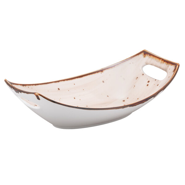 A close-up of a white and brown 10 Strawberry Street Pueblo Brown china oval bowl with handles.