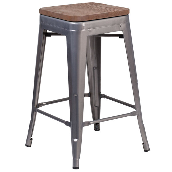 A Flash Furniture metal backless counter height stool with a square wood seat.