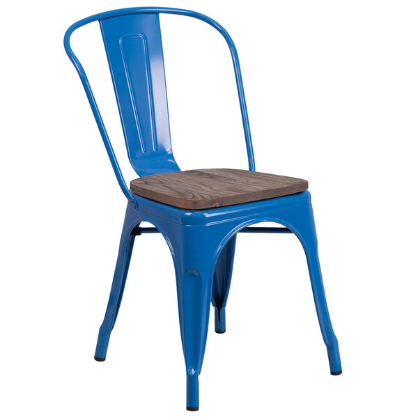 A blue metal restaurant chair with a wooden seat.