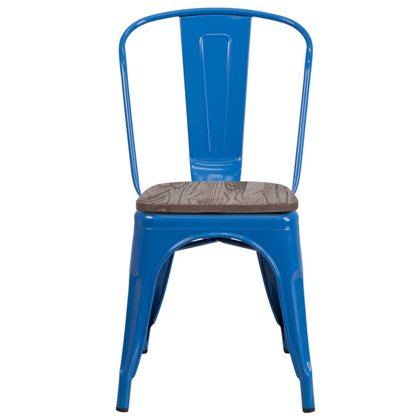A Flash Furniture blue metal restaurant chair with a wooden seat.