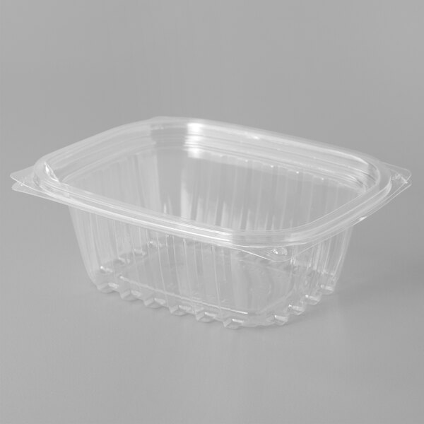 A clear plastic Eco-Products rectangular deli container with a lid.
