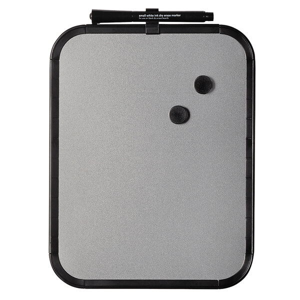 A grey MasterVision dry erase board with black buttons.