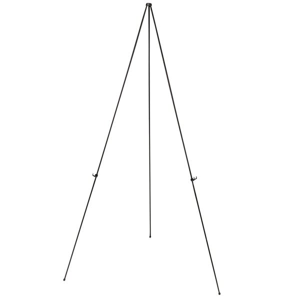 A black steel tripod easel with three legs.