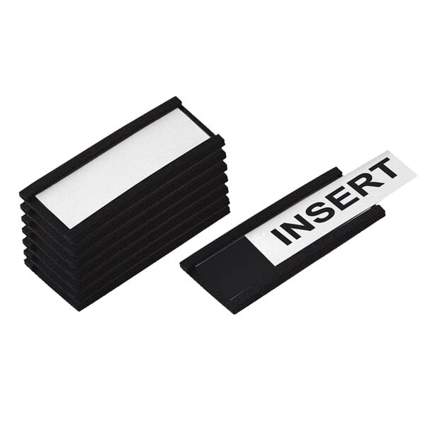 A black and white MasterVision box with a stack of labels inside.