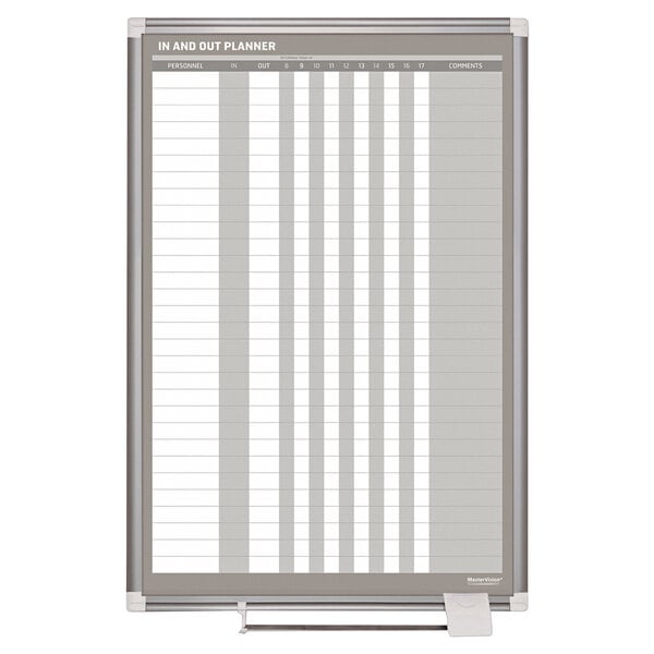 A MasterVision enameled steel in / out board with a white and gray chart.