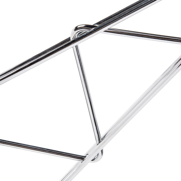 A chrome metal wall mounting bracket for Advance Tabco wire shelving.