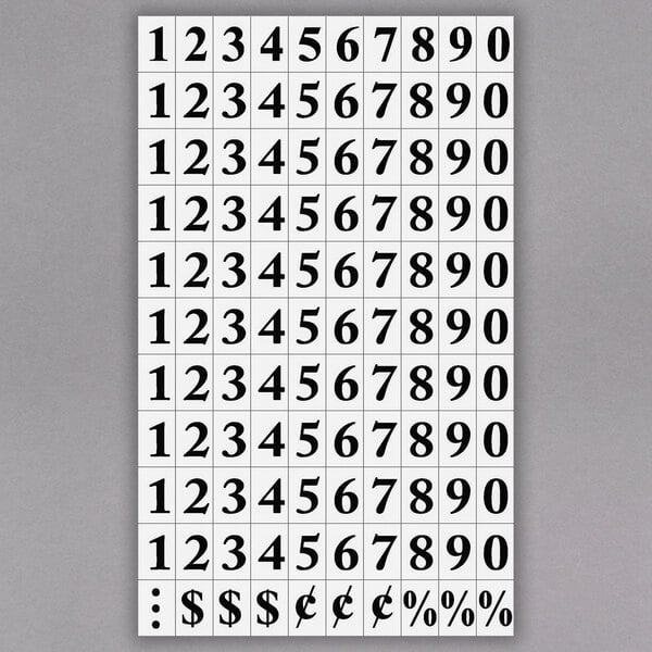 A white rectangular card with black interchangeable numbers and symbols.