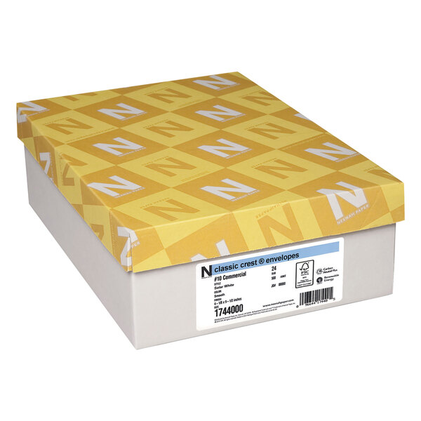 A white box with a yellow and white cover with the words "Neenah Paper Classic Crest Solar White Envelopes"