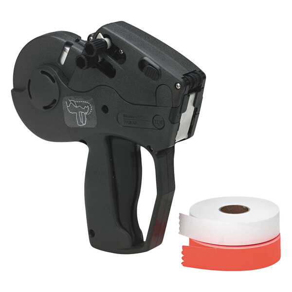 A black Monarch label gun with white and red labels in it.