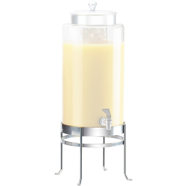 A Cal-Mil silver metal base for a round glass beverage dispenser.