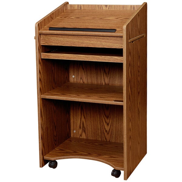 A medium oak wooden podium with a shelf.