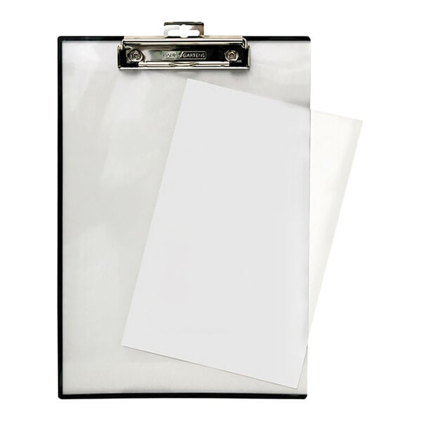 A BaumGartens unbreakable clipboard with a transparent cover over a white sheet of paper.