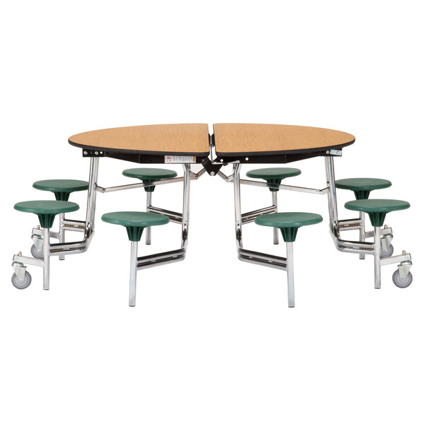 a green stool with metal legs