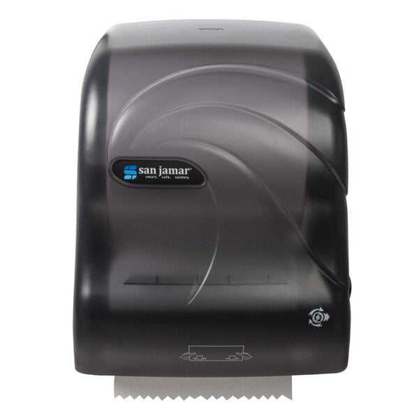 A black plastic San Jamar paper towel dispenser with a logo.