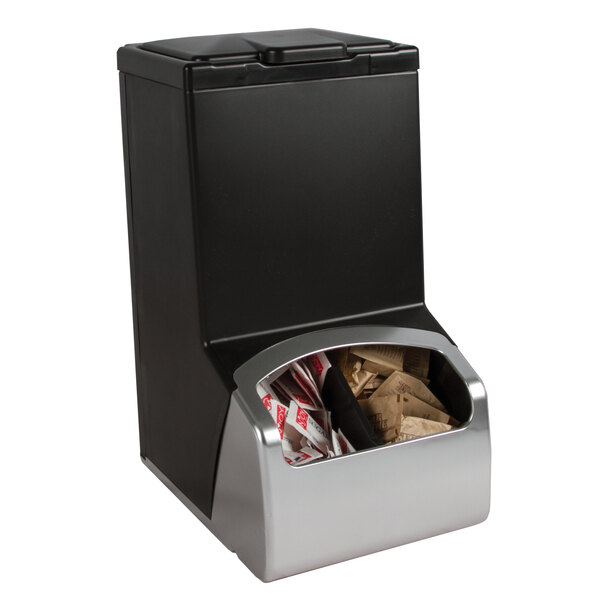 A black and silver San Jamar Modular Bulk FIFO condiment dispenser on a counter.