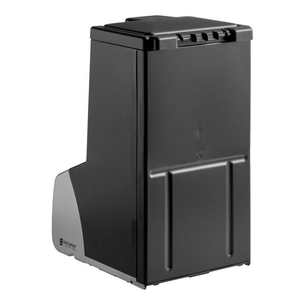 A black modular bulk FIFO condiment dispenser with a rectangular shape and a side panel.