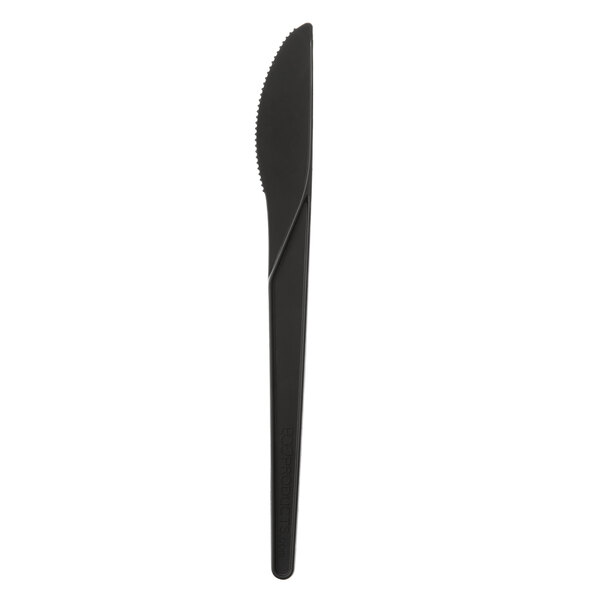 A black Eco-Products compostable plastic knife.