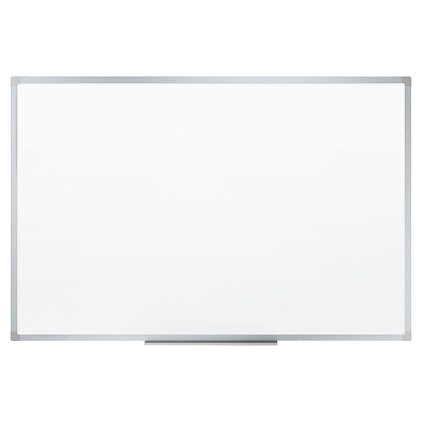 A white board with a silver frame.