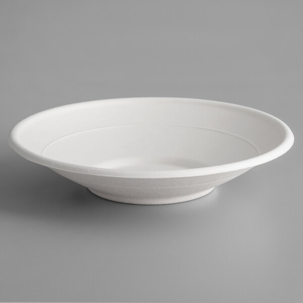 A white Eco-Products compostable sugarcane noodle bowl.