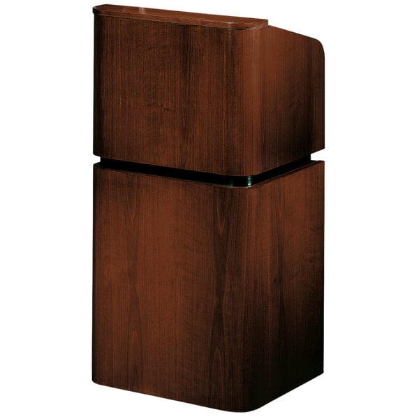 A wooden podium with a curved top and a mahogany finish.