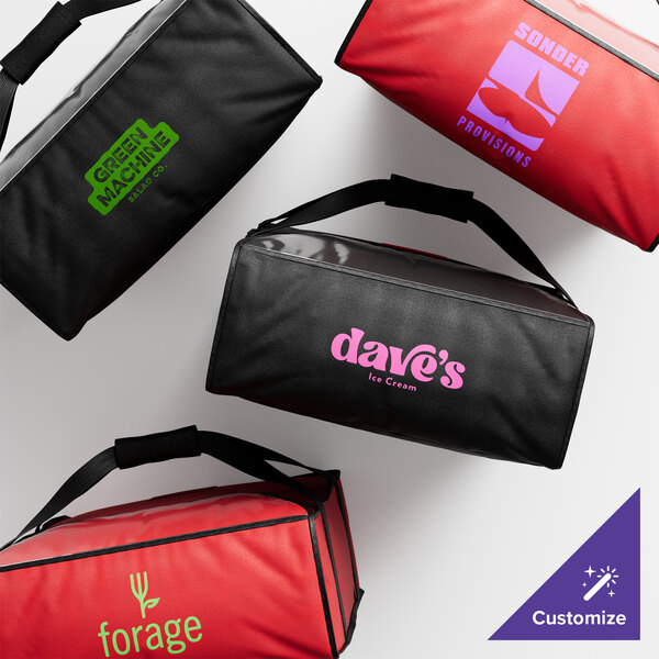 A set of customizable insulated red and black pizza delivery bags designed to hold up to ten 18-inch pizza boxes.