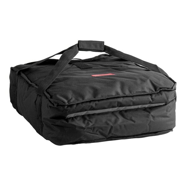 A black bag with a strap and red handles for Cambro pizza delivery bags.
