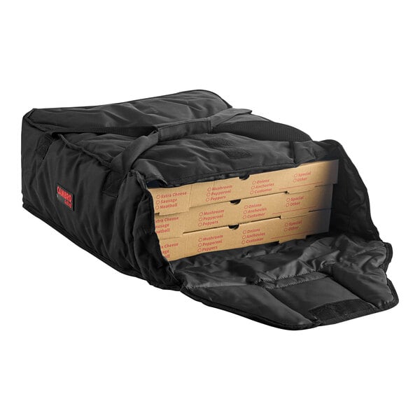 A black Cambro Insulated Pizza Delivery GoBag with pizza boxes inside.