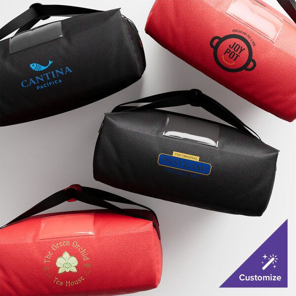 A black Cambro insulated bag with a blue logo.