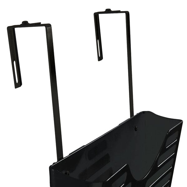 A black metal basket with three pockets and two hooks.