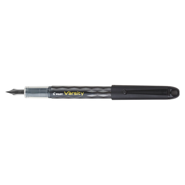A close up of a Pilot Varsity black fountain pen with a yellow tip.