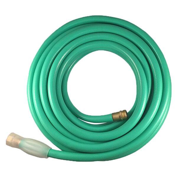 a green garden hose with a brass connector