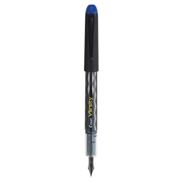 A close up of a Pilot Varsity fountain pen with a blue tip and gray patterned barrel.