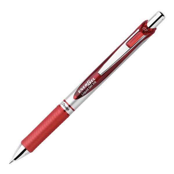 A Pentel EnerGel RTX red pen with a gray barrel and silver trim.