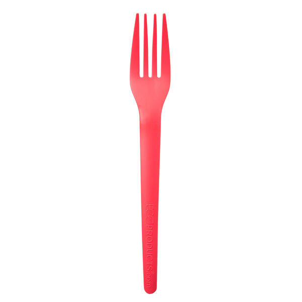 A red Eco-Products compostable plastic fork.