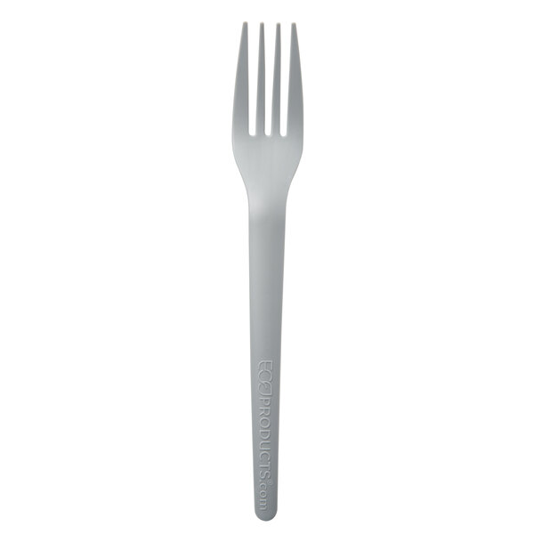 A close-up of an Eco-Products gray compostable plastic fork with a black handle.