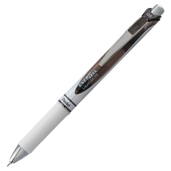 A close-up of a Pentel EnerGel RTX pen with a white barrel and black tip.