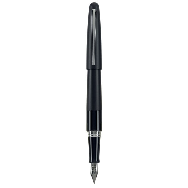 A Pilot Metropolitan black fountain pen with silver trim and cap.